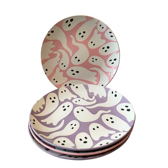 Halloween GHOST Appetizer Plates 7.5in Set of 4 Ceramic Pink & Purple NEW - Picture 4 of 10